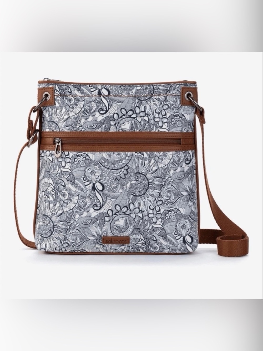 Sakroots Blue & White Floral Crossbody with Brown Trim